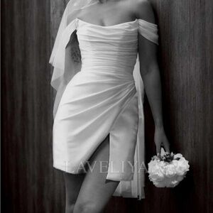 Sheath Off-the-Shoulder Pleated Short/Mini Charmeuse Wedding Dress NWT